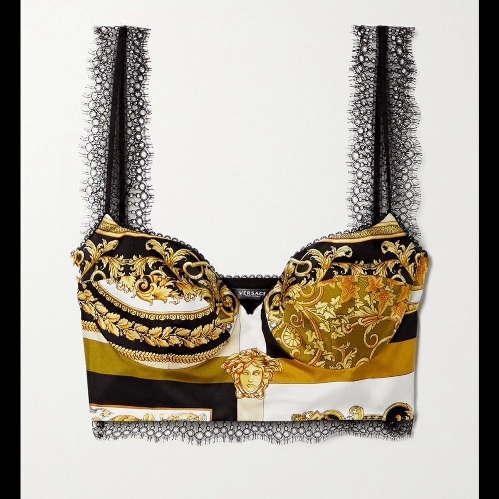 Versace Lace-trimmed printed silk-twill bralette top Medusa